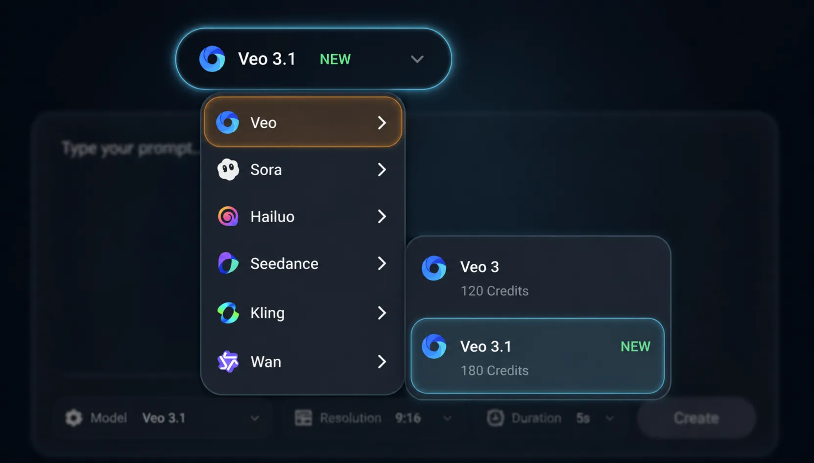 Scegli Veo 3.1 dal menu dei modelli