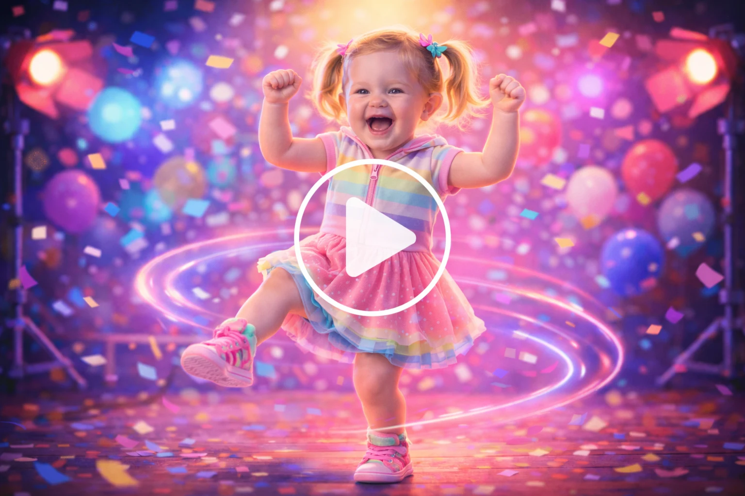 Suesses Cartoon-Style KI-Tanzvideo aus einem Babyfoto generiert