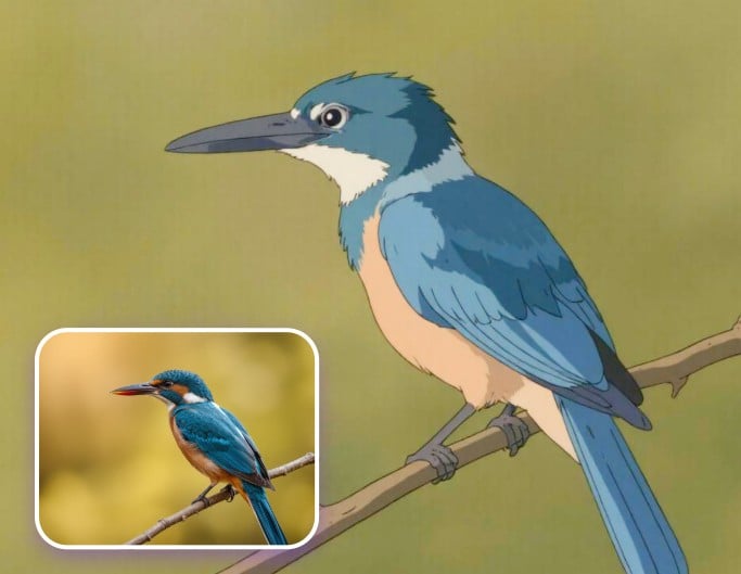Before and after image of a blue bird reimagined in Studio Ghibli art style with VidOne